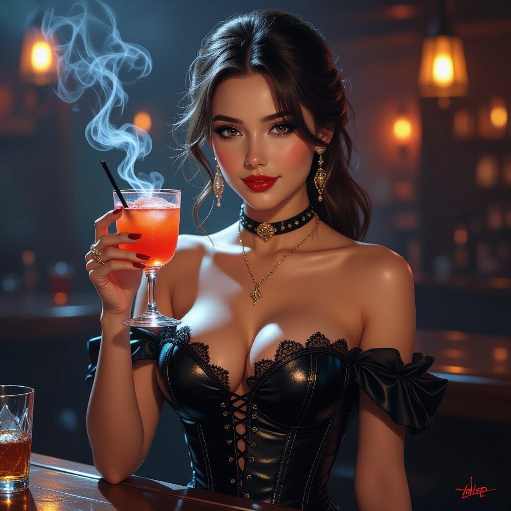 Woman in Shimmering Corset Holds Smoking Cocktail