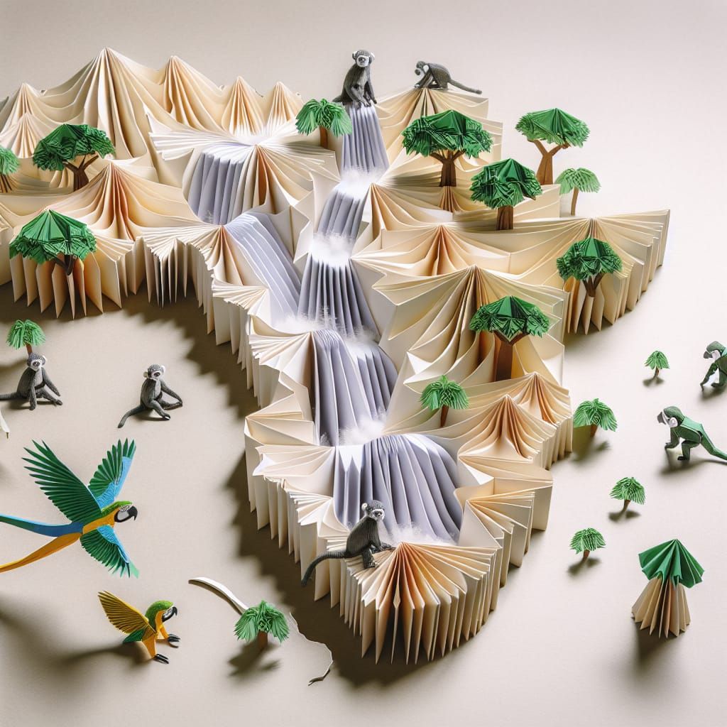 Cascading Origami Map with Monkeys and Parrots