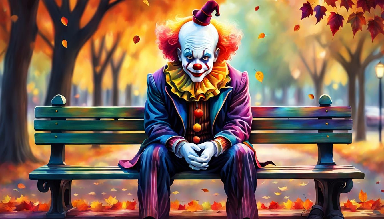 Lonely Clown in Autumn Park, Digital Painting