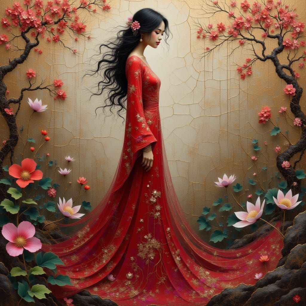 Vietnamese Lacquer Art: Singaporean Woman in Garden