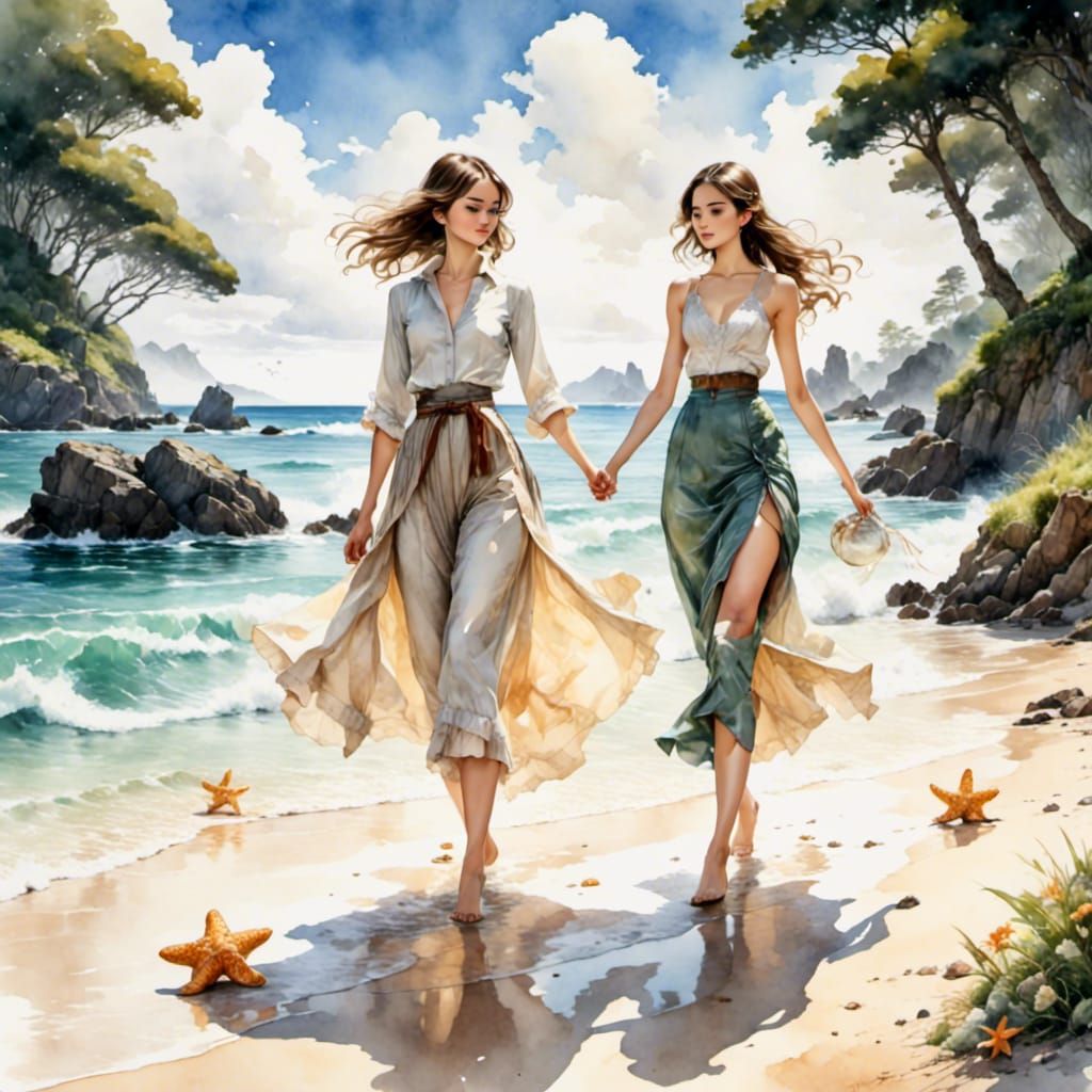 Friends on Beach in Anime Key Visual Style