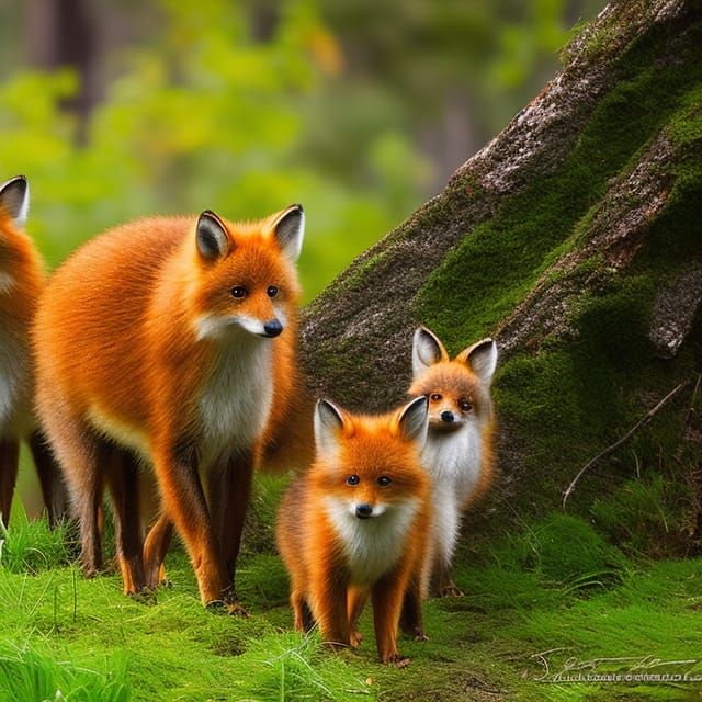 Fox Family in Forest Home, Digital Painting