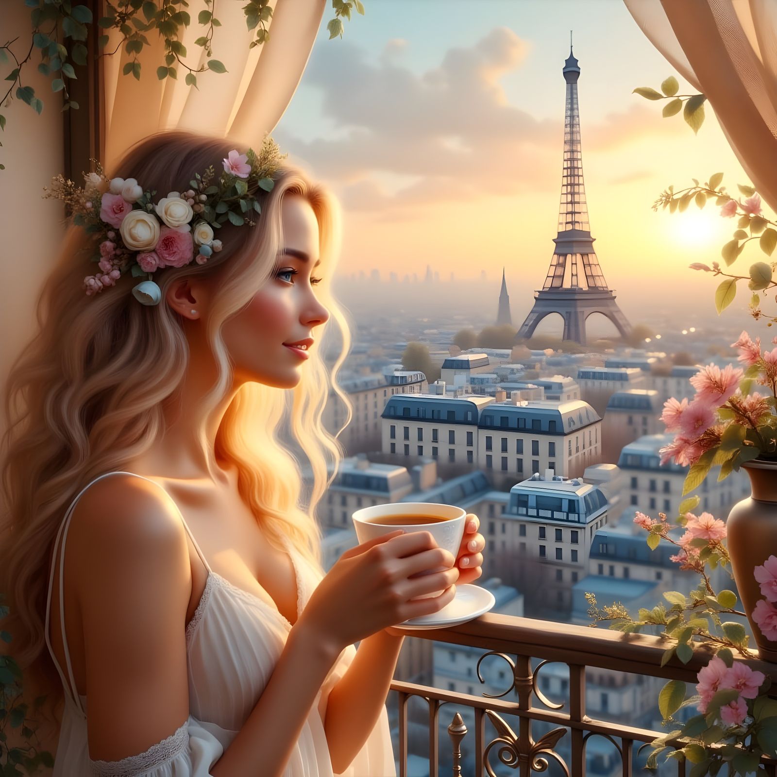 Cute Girl Enjoys Paris Sunrise in a Vibrant Oil Painting Sty...
