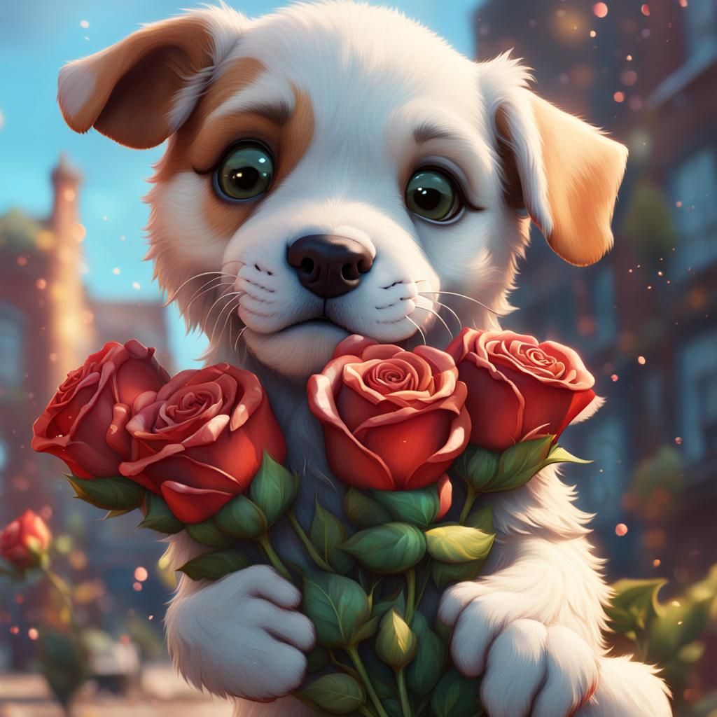 Adorable Puppy with Roses: 3D Digital Art