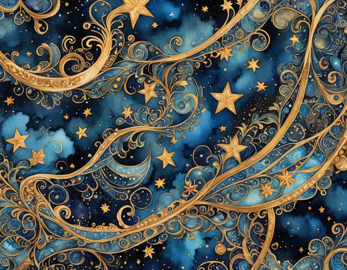 Whimsical Watercolor: Abstract Curves and Shining Stars