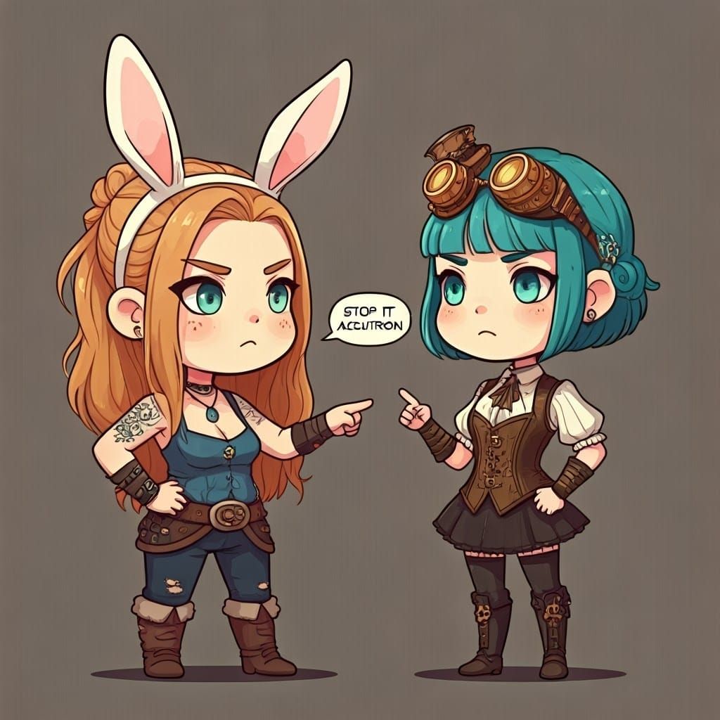 Steampunk Girl Confronts Chibi Viking Warrior in Anime Style