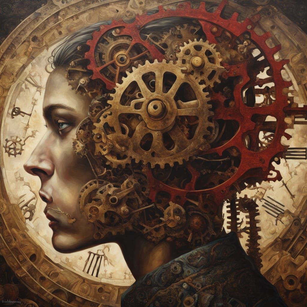 Surreal Clockwork Figure in Dark Fantasy Oil Painting