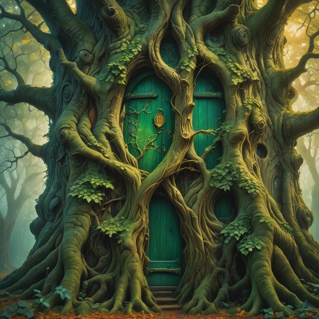 Fractal Exotic elegance Large tree with a green fancy door