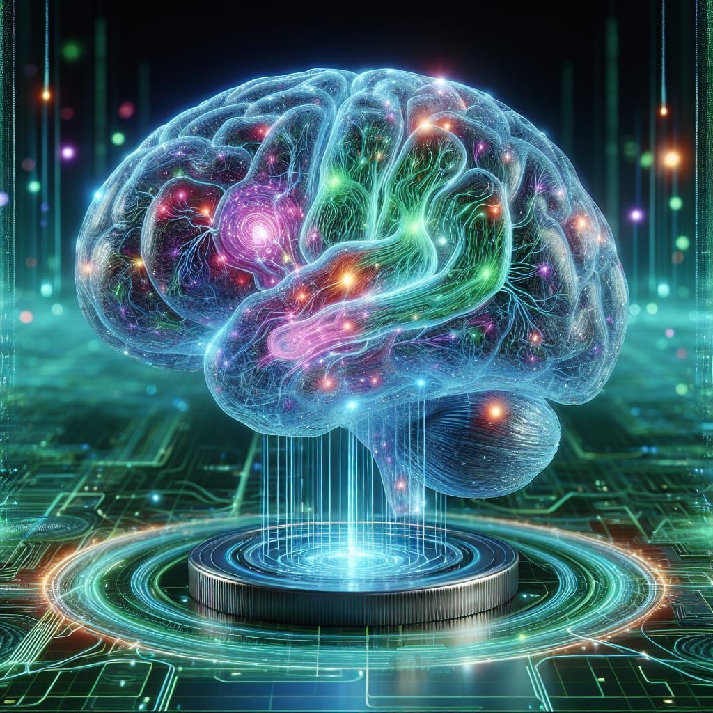 Holographic Brain Radiating Neon Light in Futuristic Scene
