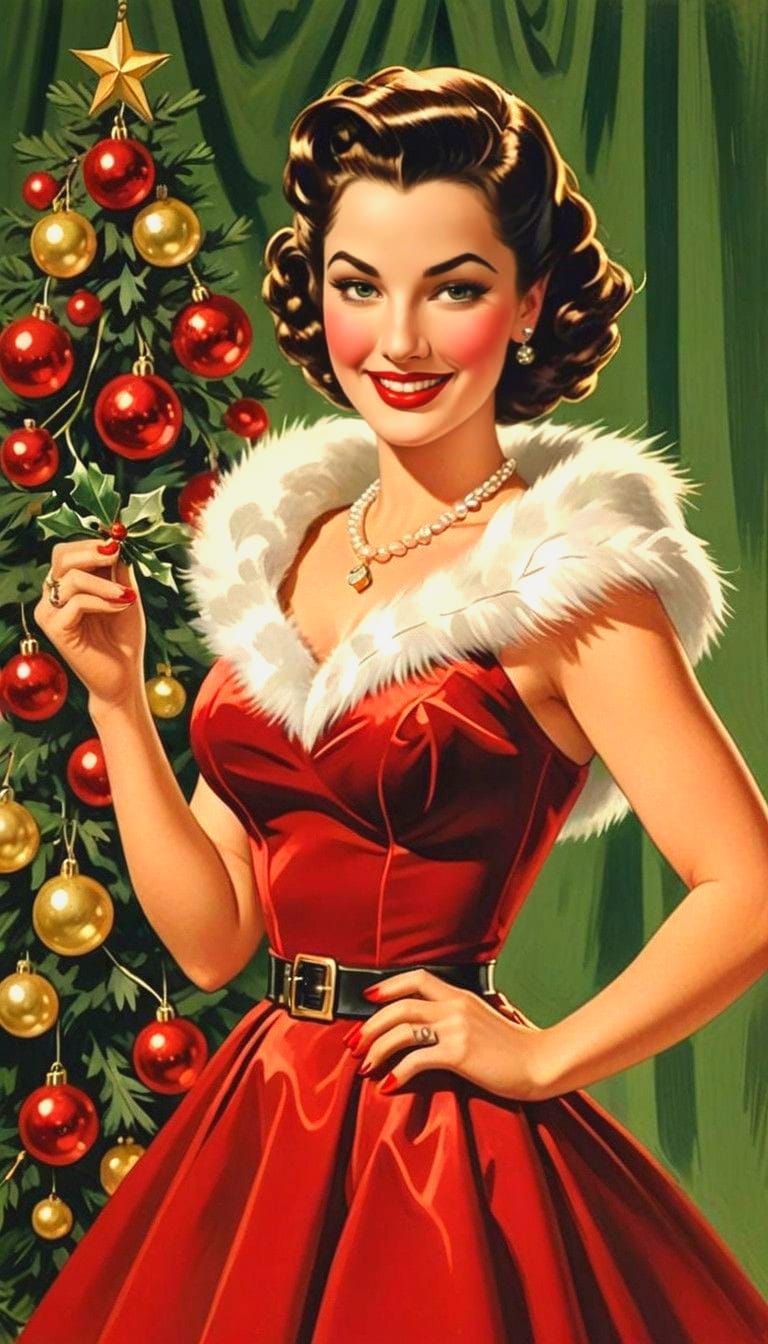Vintage Beauty Rhapsodies in Front of Sparkling Christmas Tr...