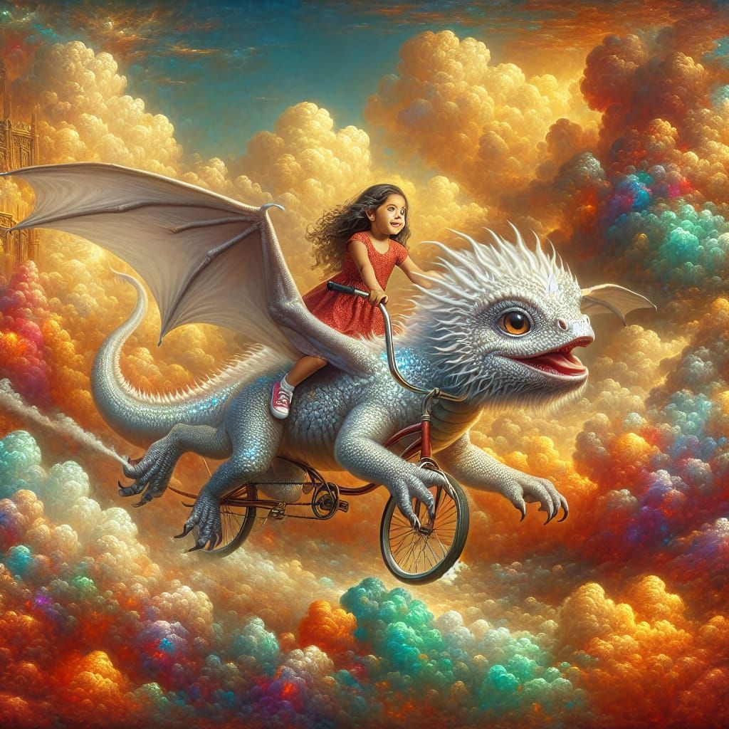 Dragon and Girl Bicycle Ride in the Sky