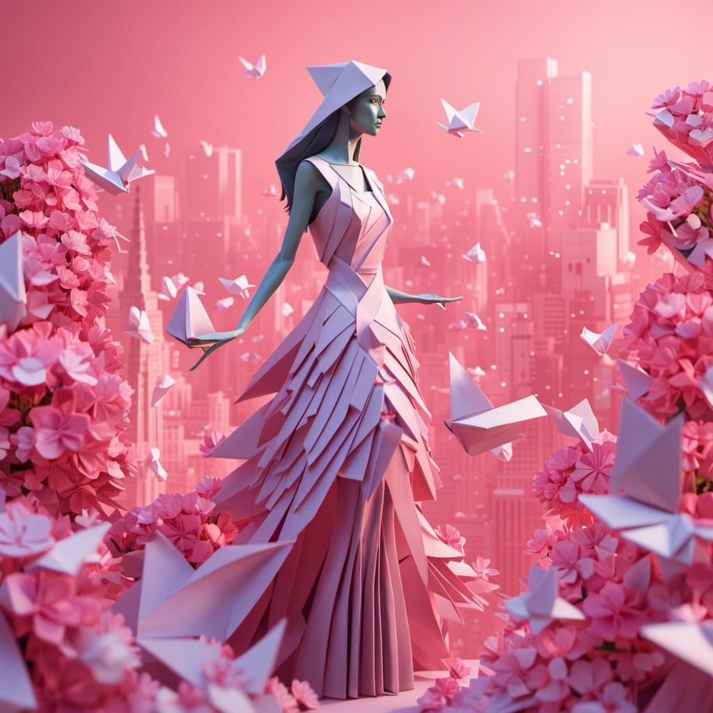 Woman wearing an origami dress in an origami city