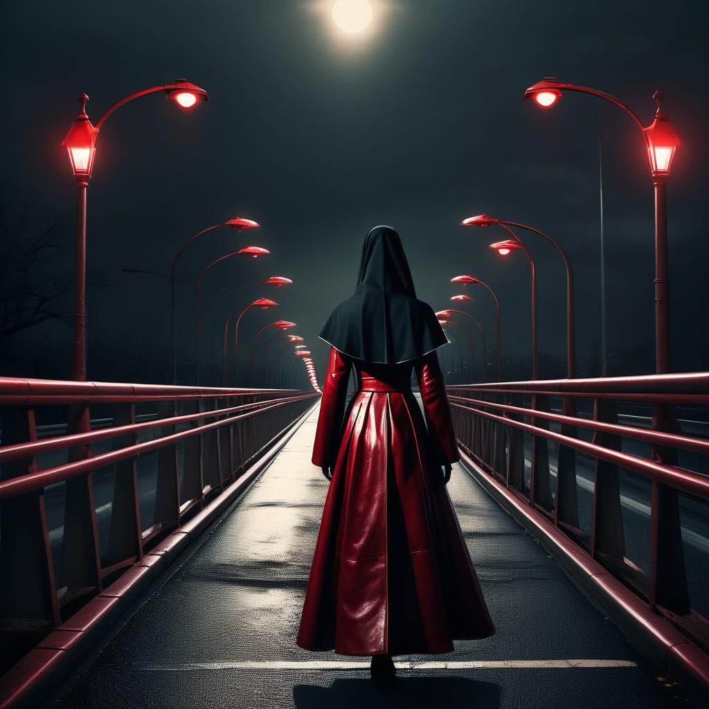 Dark Fantasy Nun on Bridge in Photorealistic Style