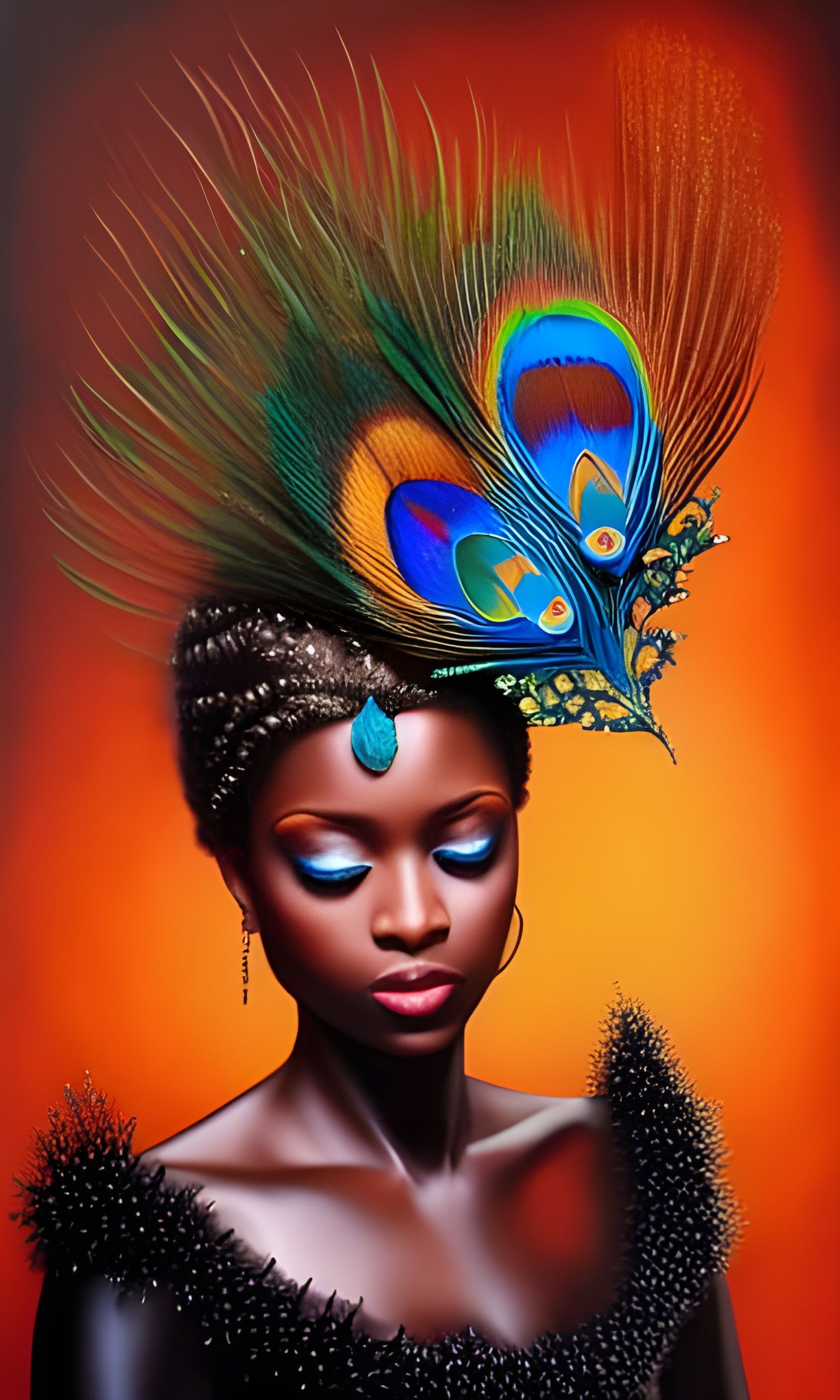 Black Queen with Peacock Crown: Photorealistic Digital Art