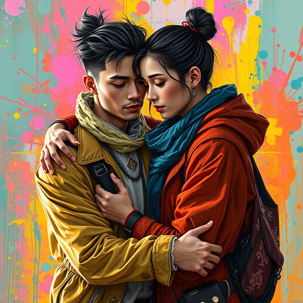 Friends Reunite in Vibrant, Hyperrealistic Embrace