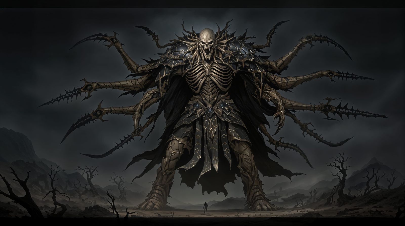 Skeletal Giant Towers Over Barren Landscape in Stormy Darkne...