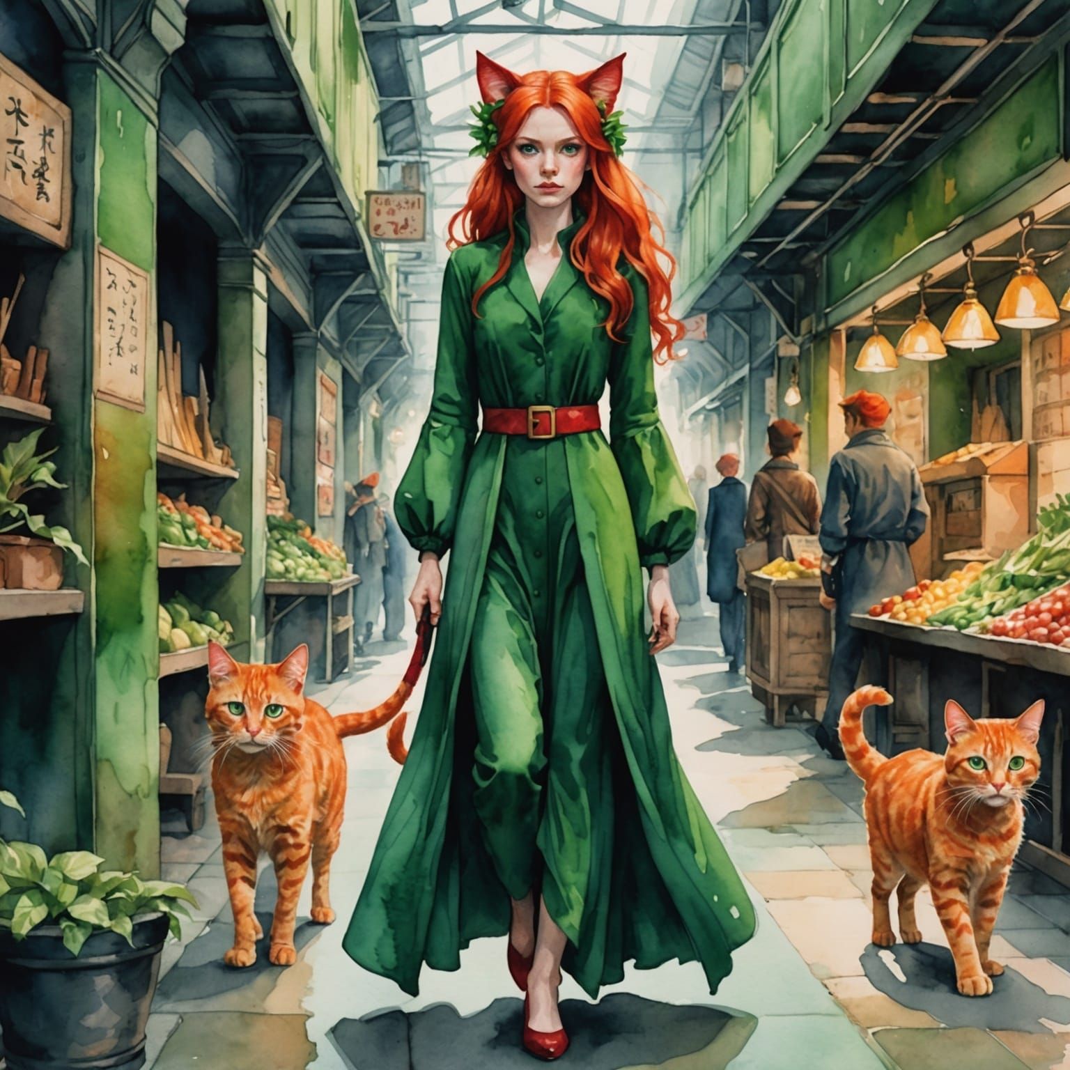 Cat-Eared Woman in Underworld Market, Watercolor Style