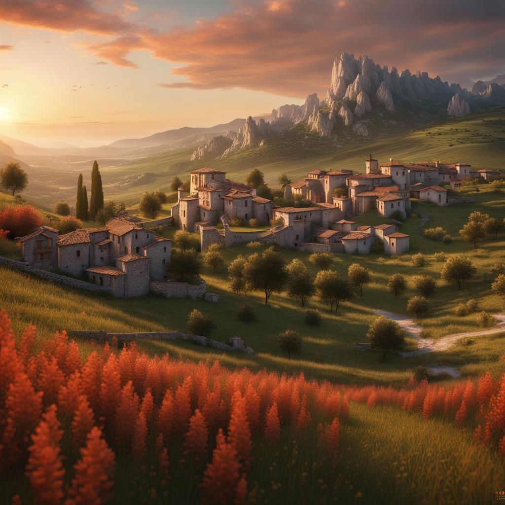 Abruzzi Countryside Sunset: Detailed Matte Painting
