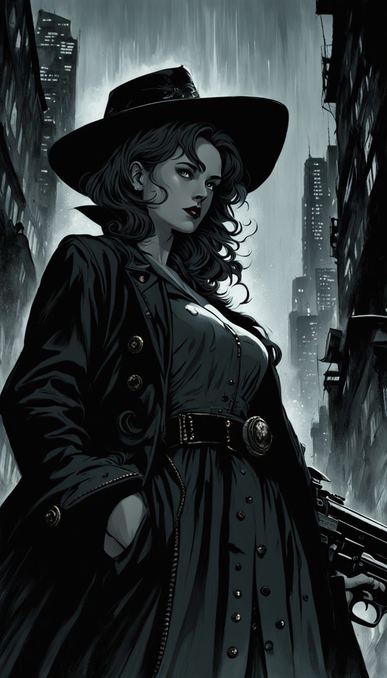 Film Noir Detective Goddess in Gritty Cityscape