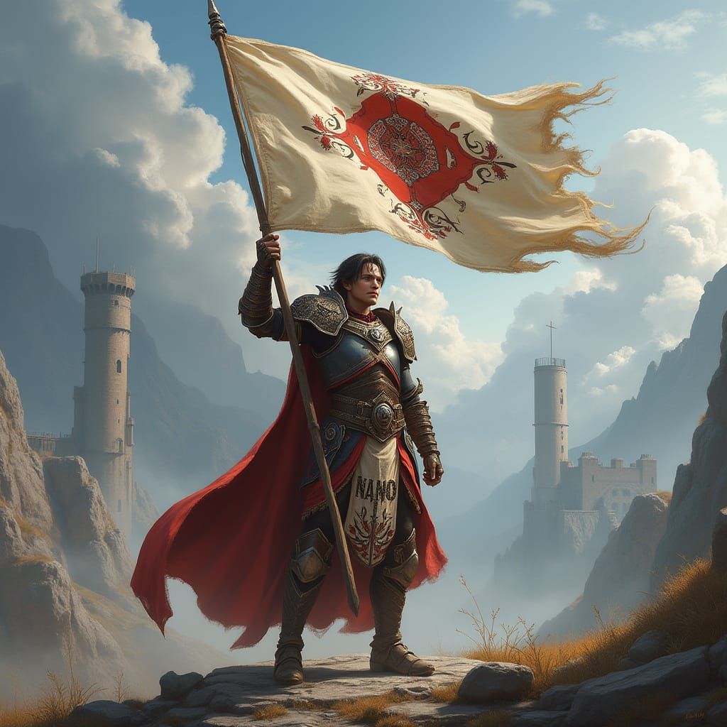 Medieval Fantasy Warrior Holds NANO Team Flag in Ash Thorp S...