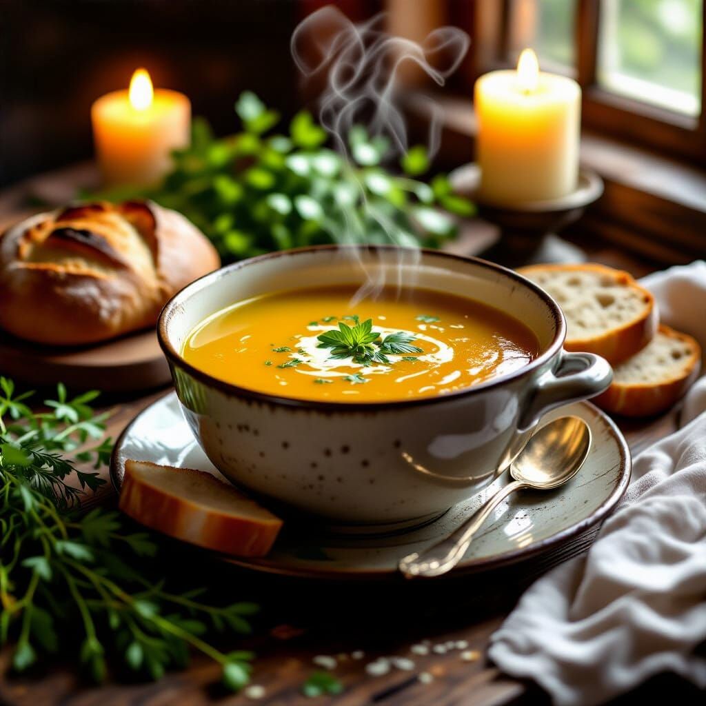 Steaming Golden Soup Bowl with Herbs and Candlelight