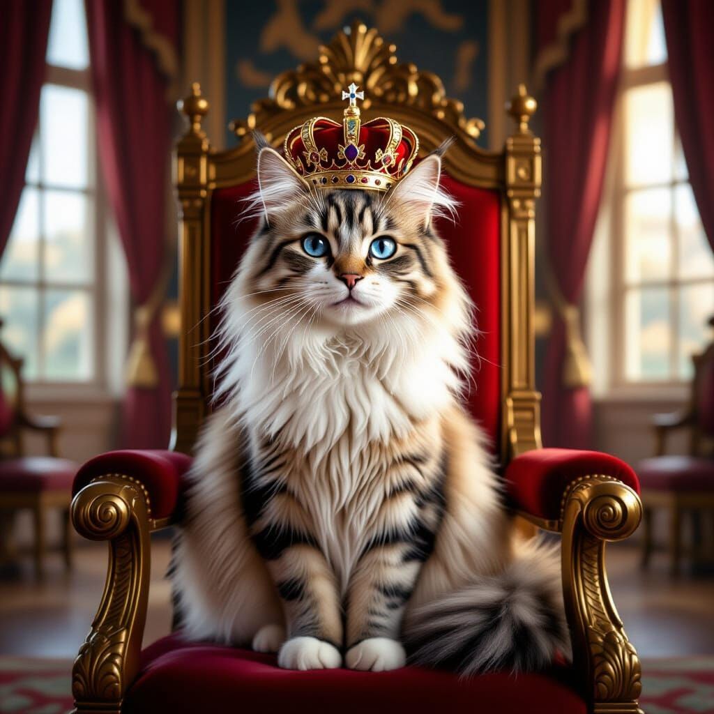 Majestic Cat King on Ornate Throne with Blue Eyes