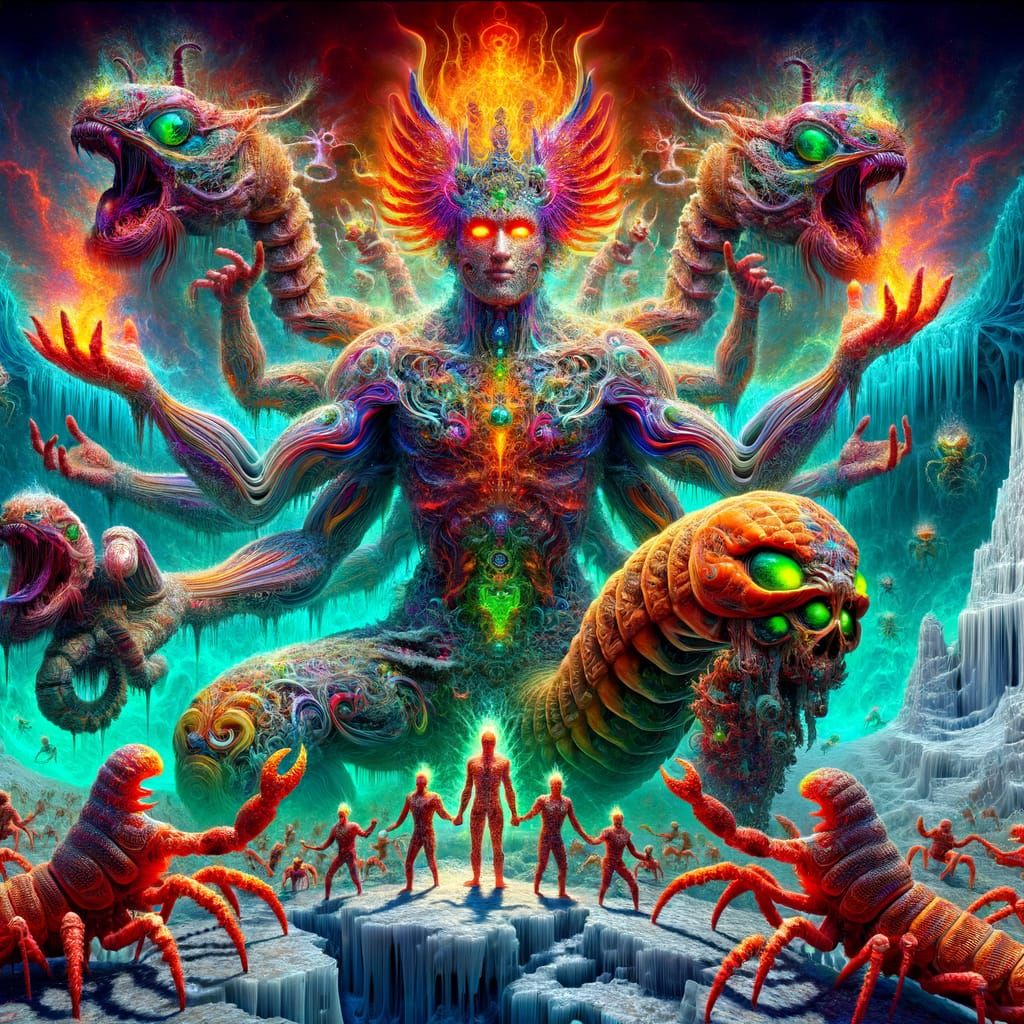 Psychedelic Phoenix-Human-Scorpion Hybrid on Glacier Sphinx