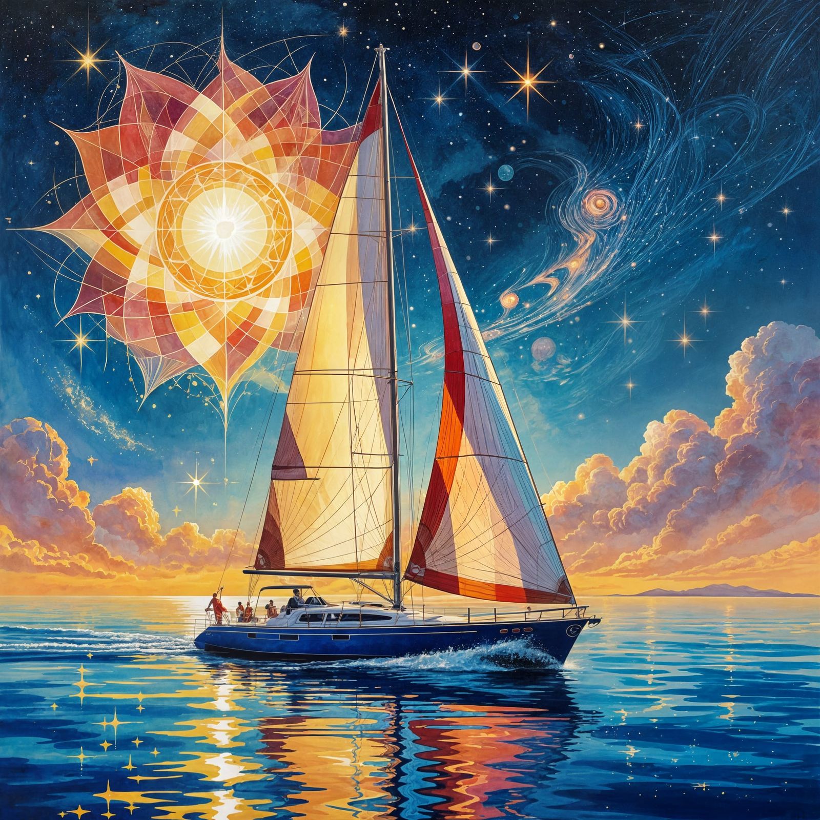 Psychedelic Solar Sailer on Water in Op Art Style