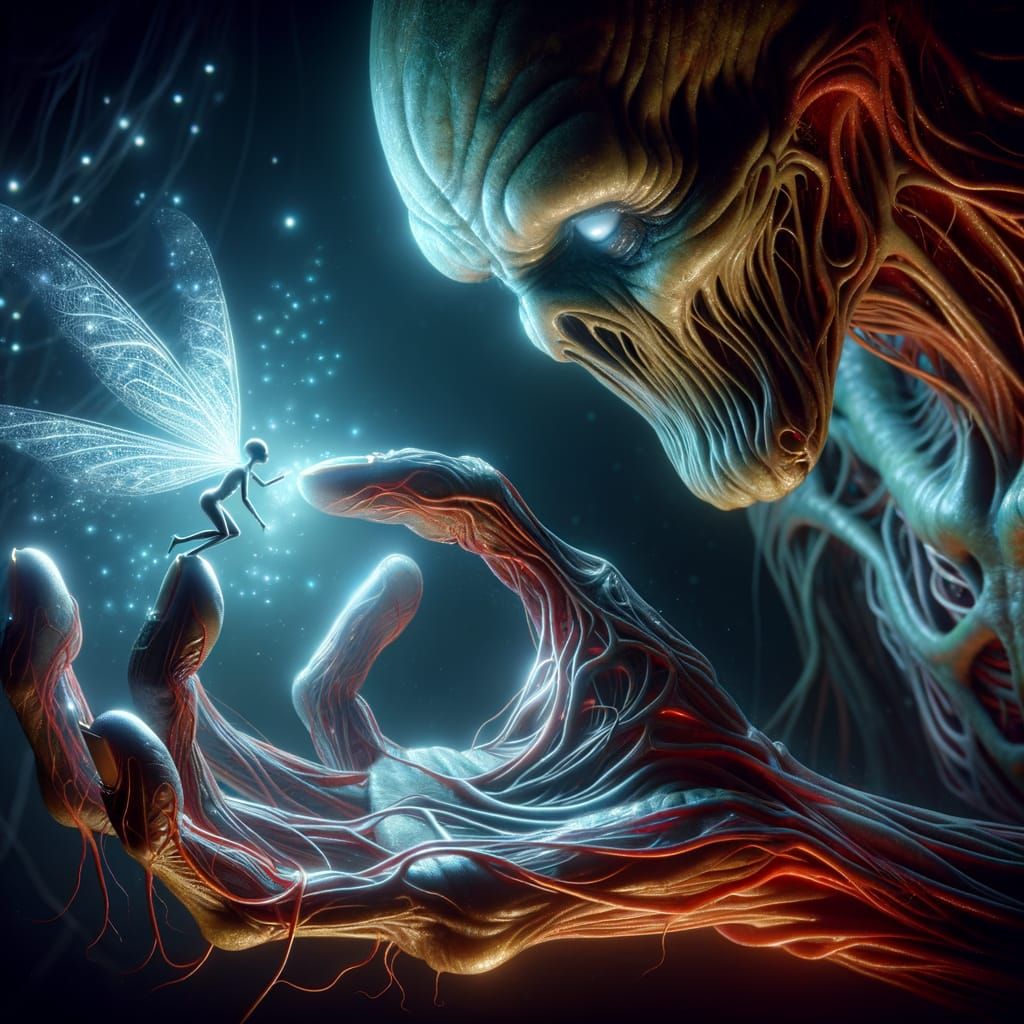 Otherworldly Entity Examines Captive Fairy with Bioluminesce...