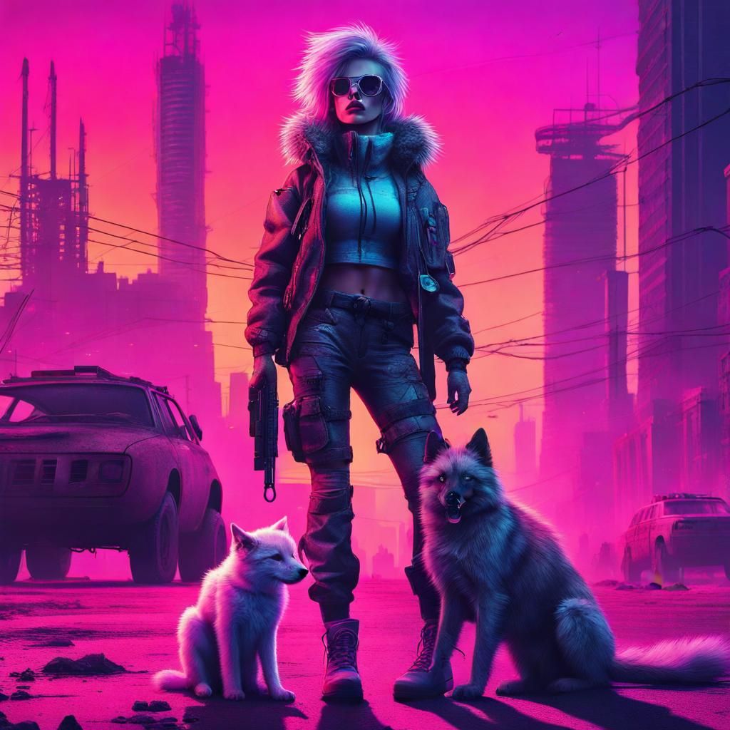 Synthwave Woman and Companion in Post-Apocalyptic City