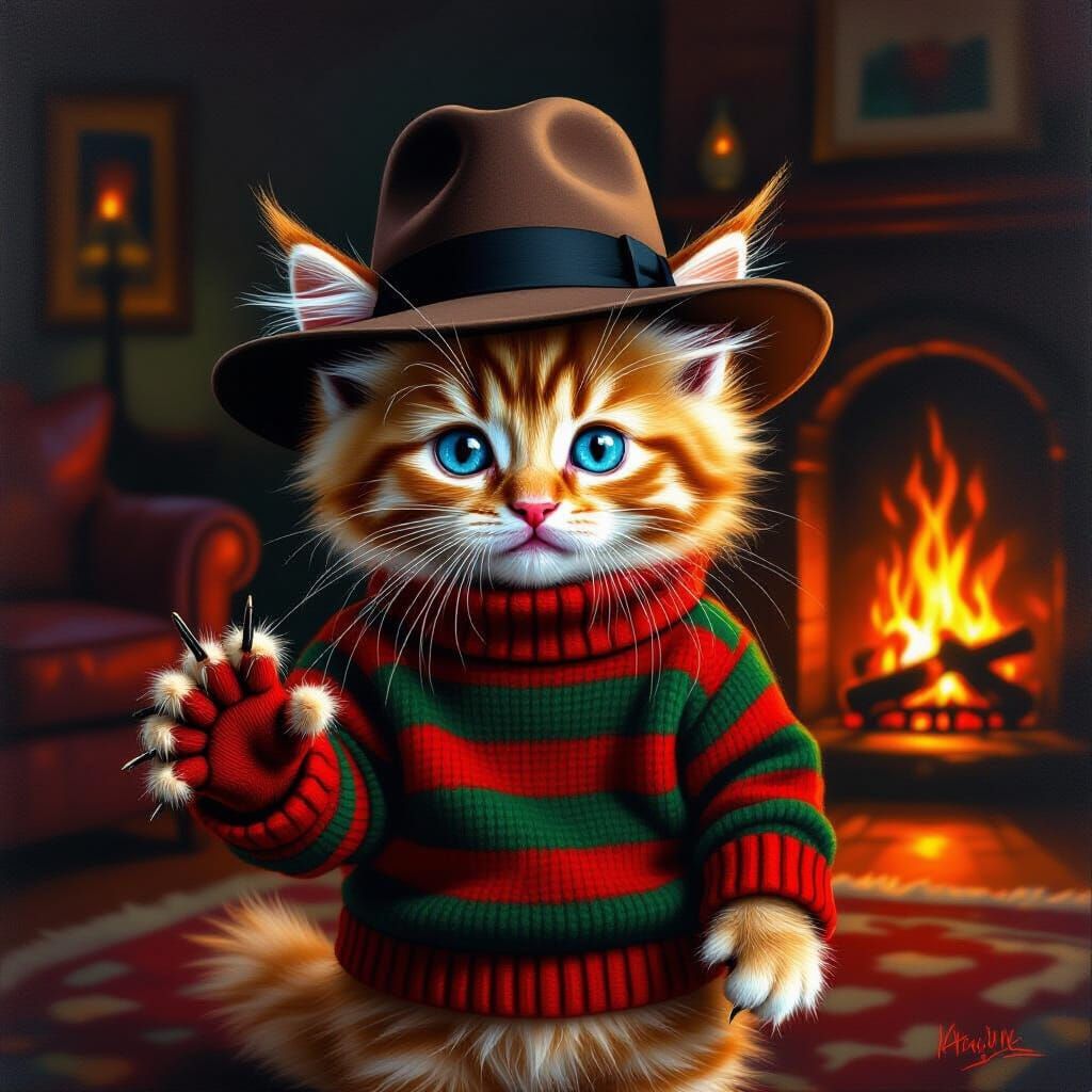 Fluffy Kitten as Freddy Krueger in Surreal Oil Painting