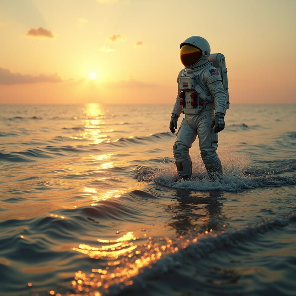 Astronaut Walking Across Serene Ocean in Cinematic Film Styl...