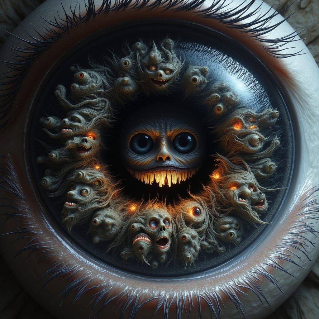 Man's Eye Traps Grinning Faces in Surreal Dreamscape