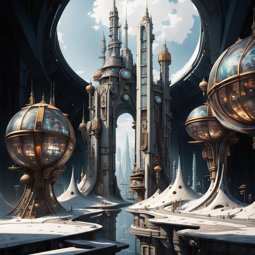 Futuristic Cityscape with Steampunk Elegance