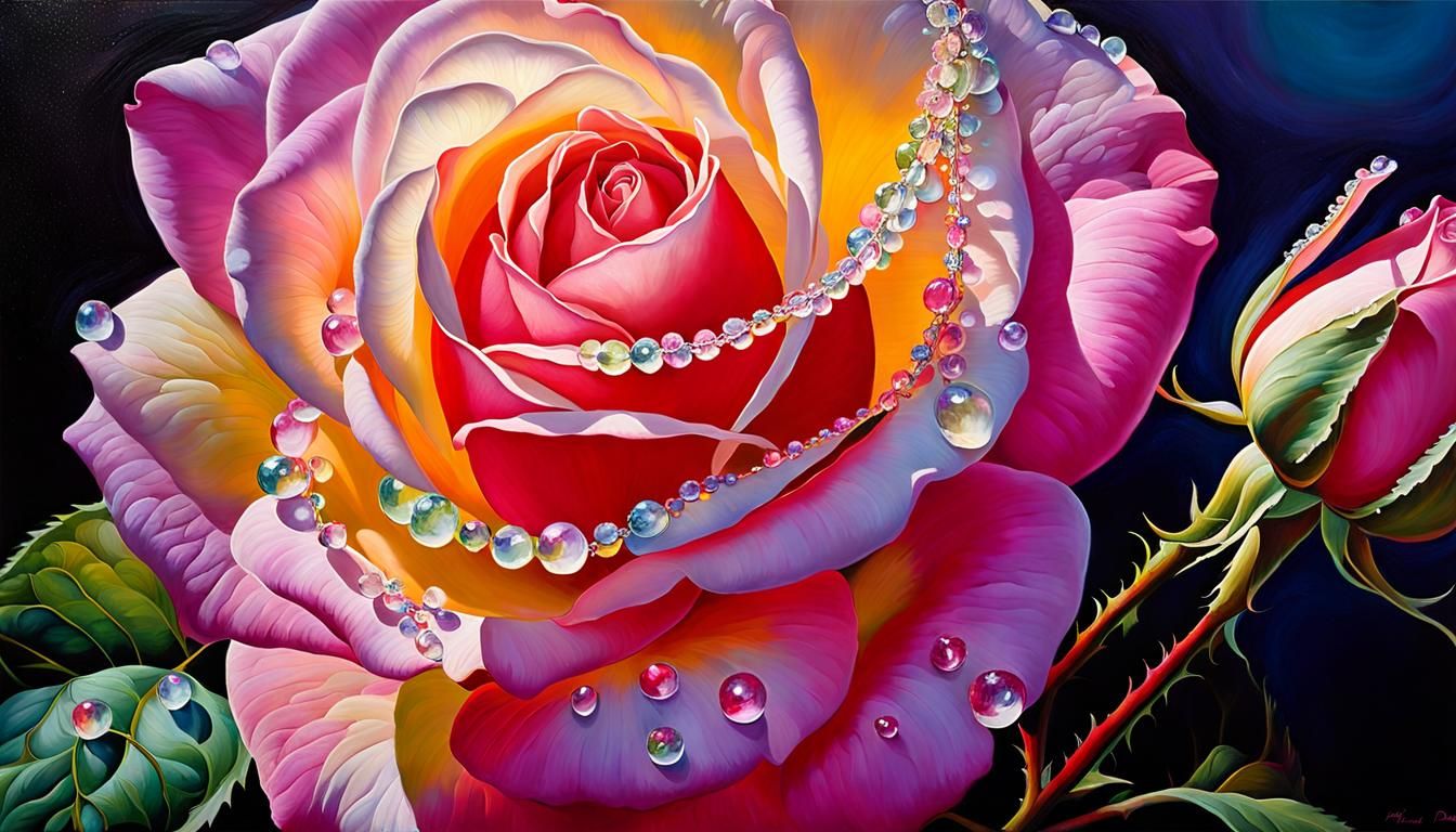 Rose Adorned with Dew Drops: Double Exposure Photograph