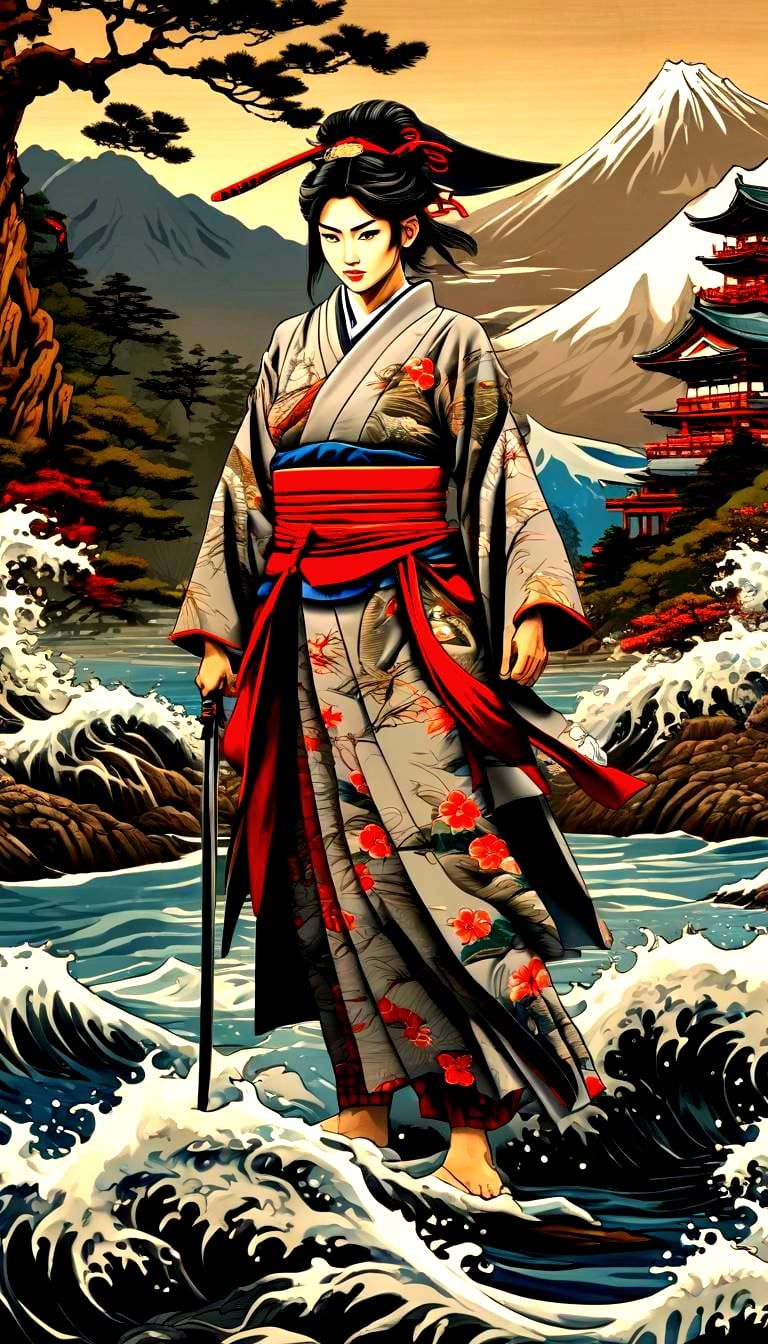 Ukiyo-e Samurai with Mount Fuji in 3D Illusion