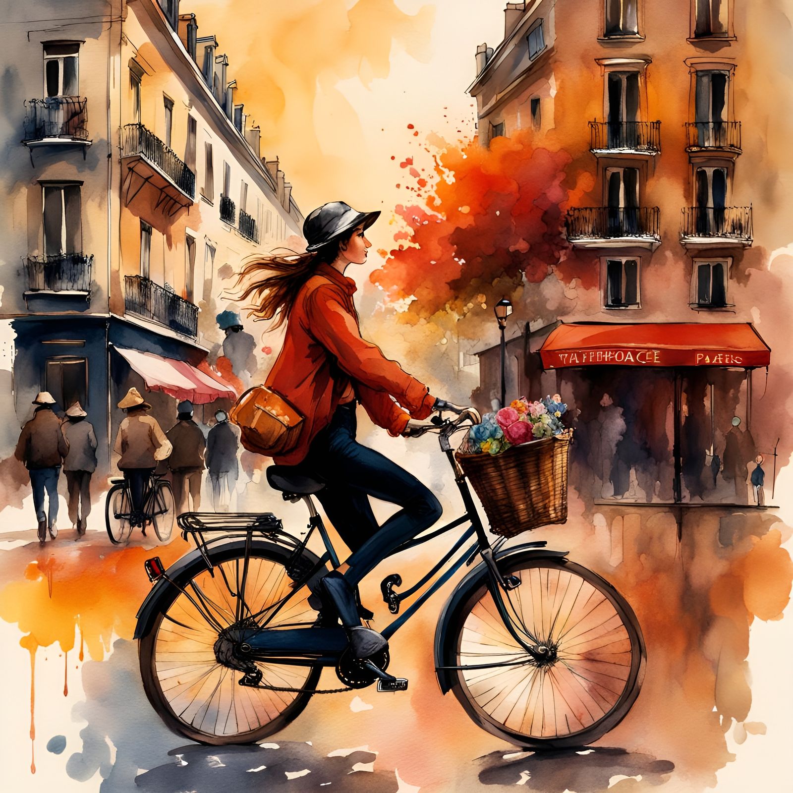 Girl on Bicycle in 1821 Paris: Ink and Watercolor