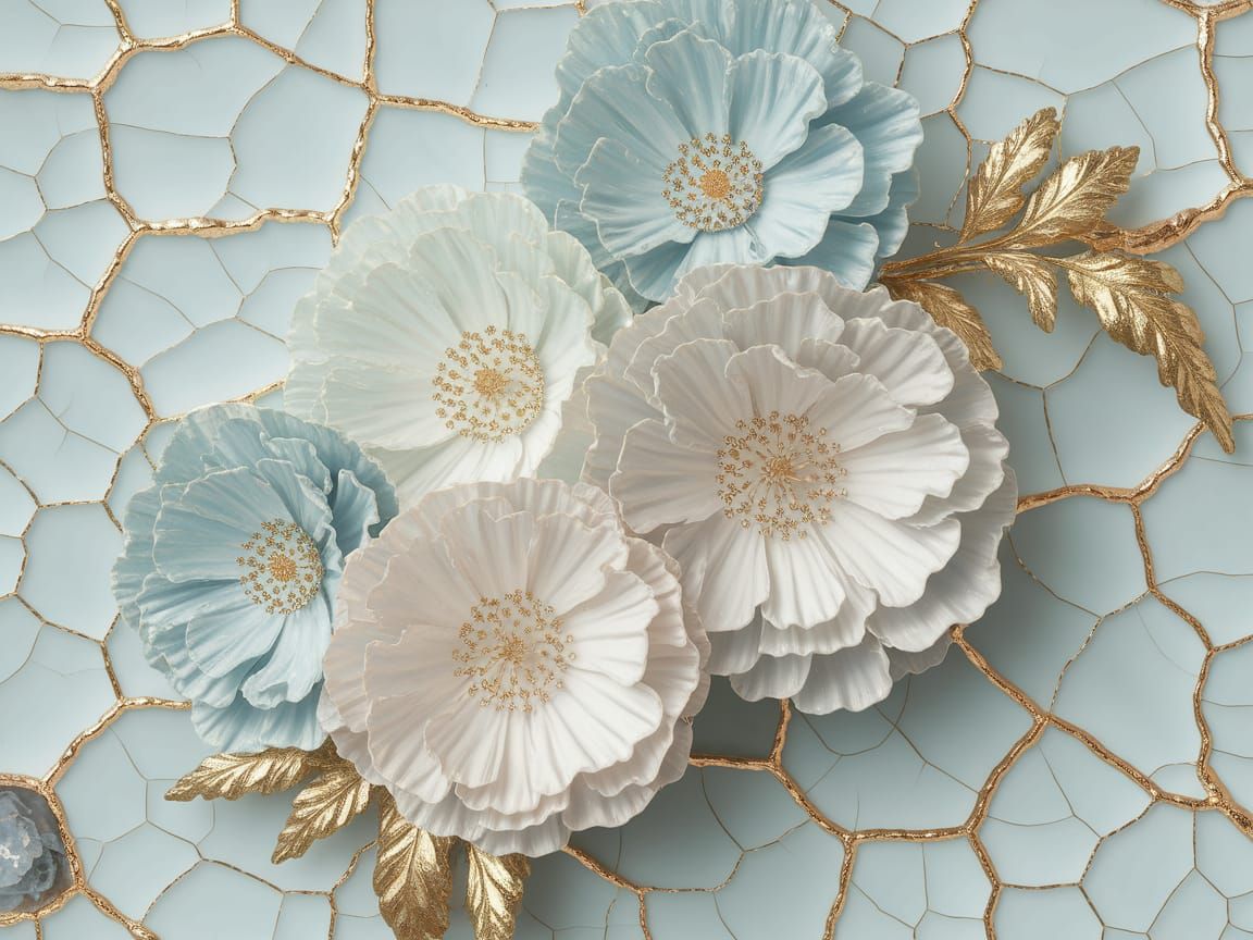 Pale Blue Flowers with Gold Accents on Cracked Background