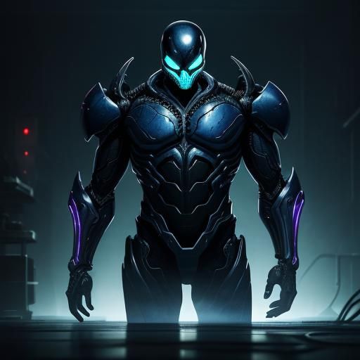 Biomechanical Guyver Suit in Dimly Lit Laboratory