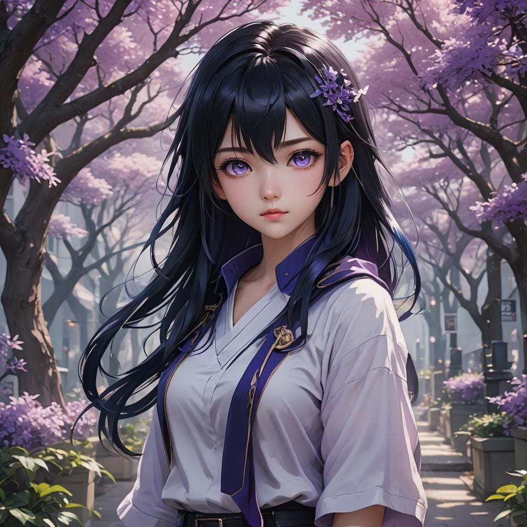 Anime Character with Dark Blue Hair, Cel-Shaded Style