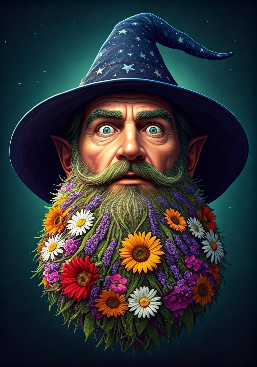 Whimsical Wizard with a Floral Beard