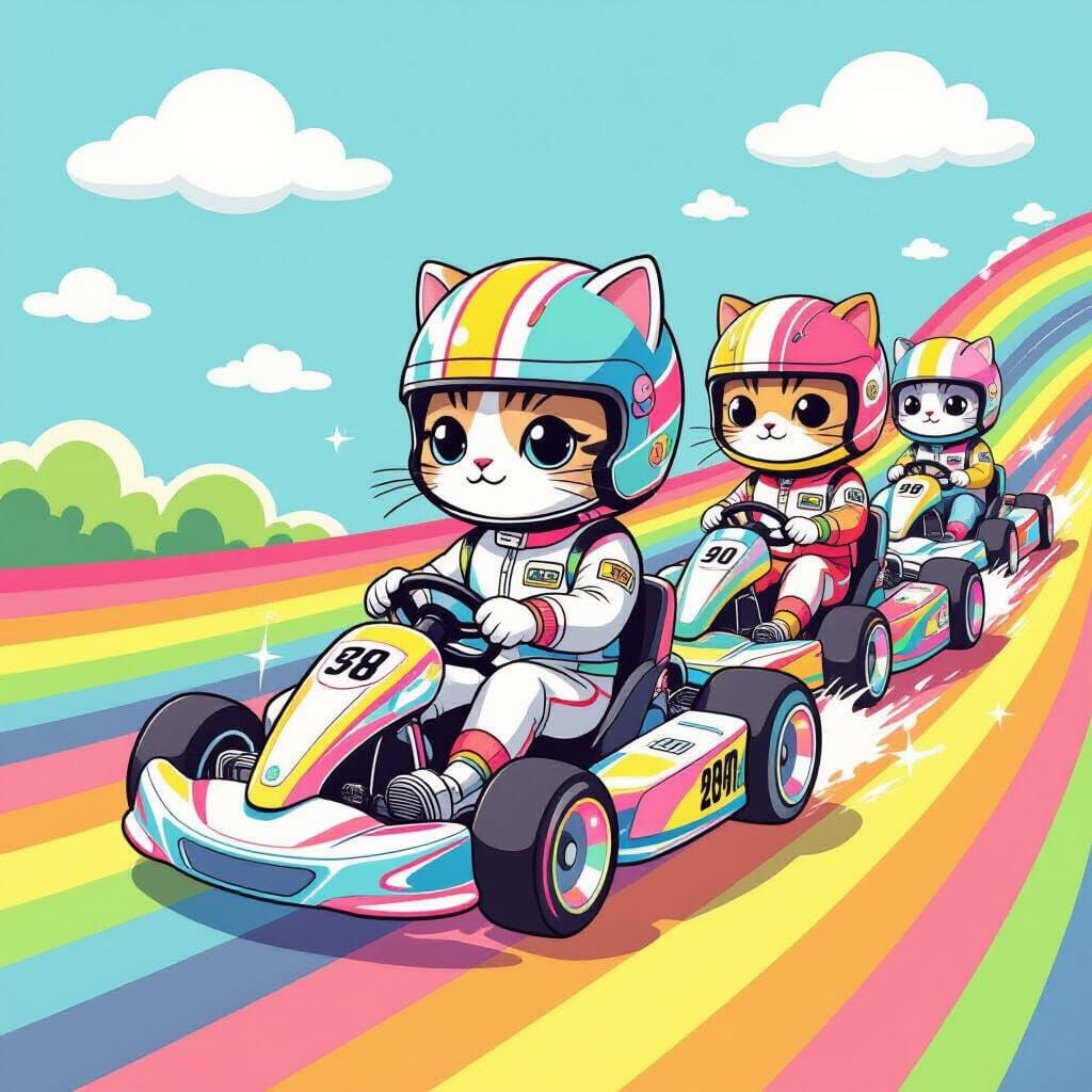 Cats Racing on Rainbow Bridge in Kawaii Style