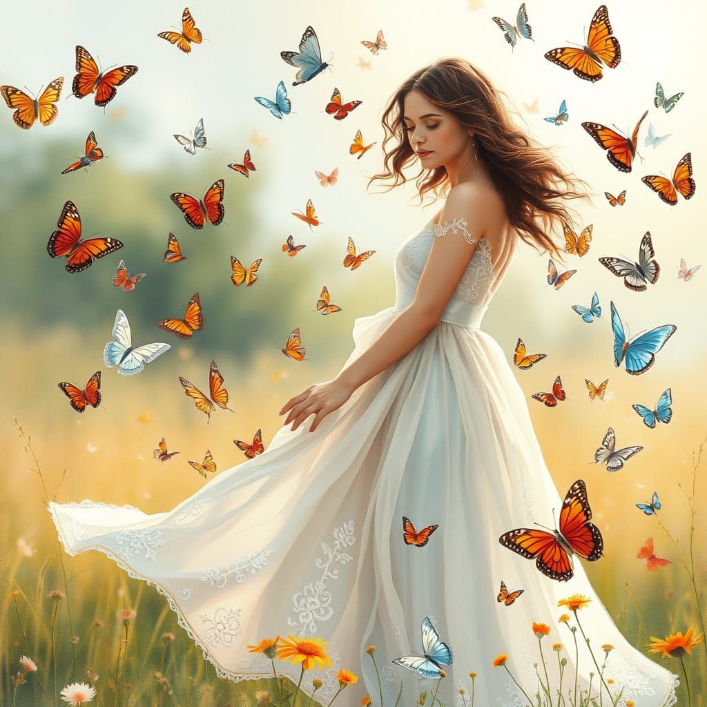 Woman in Whimsical Watercolor with Butterflies and Wildflowe...