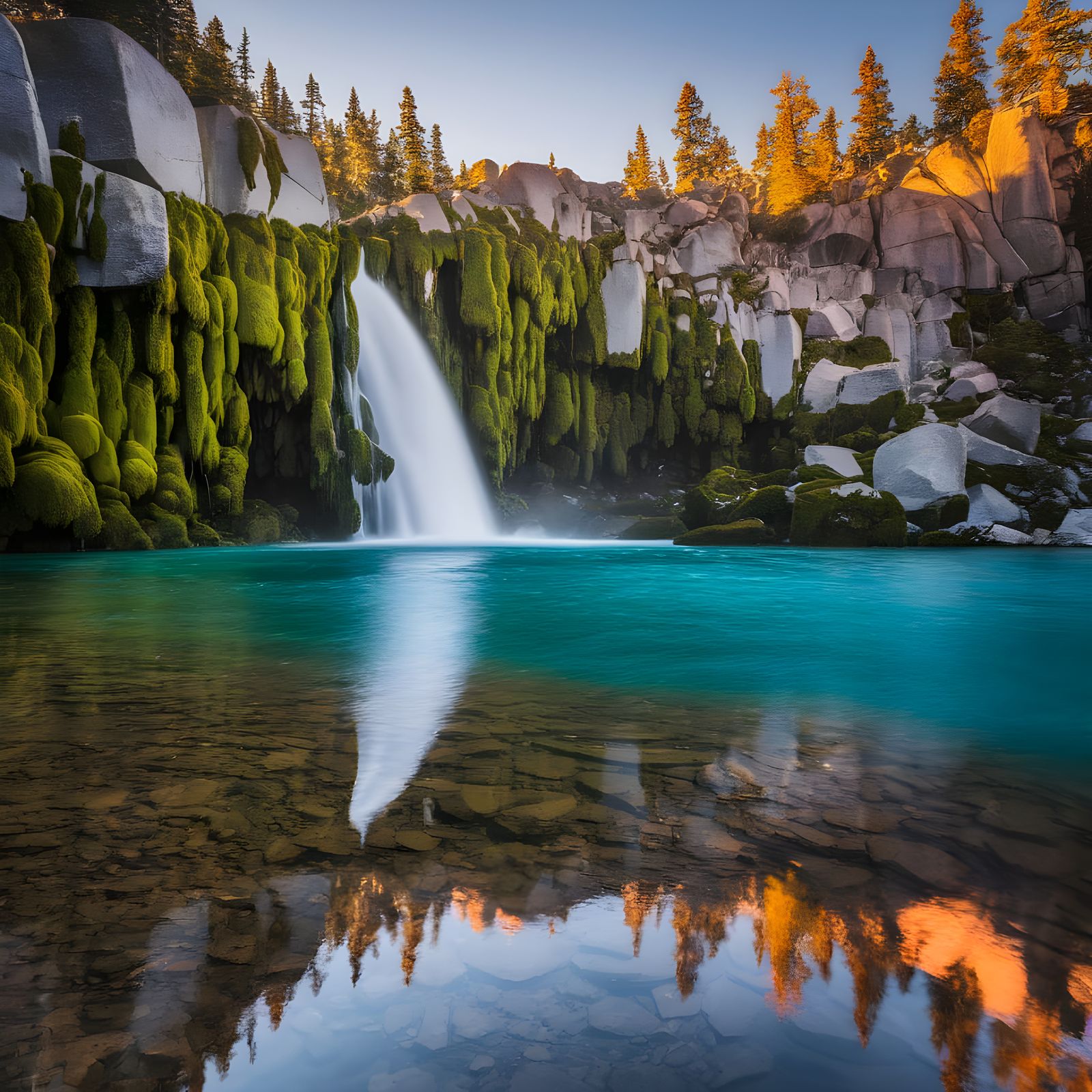 Powerful Waterfall Over Mossy Boulders in Golden Light