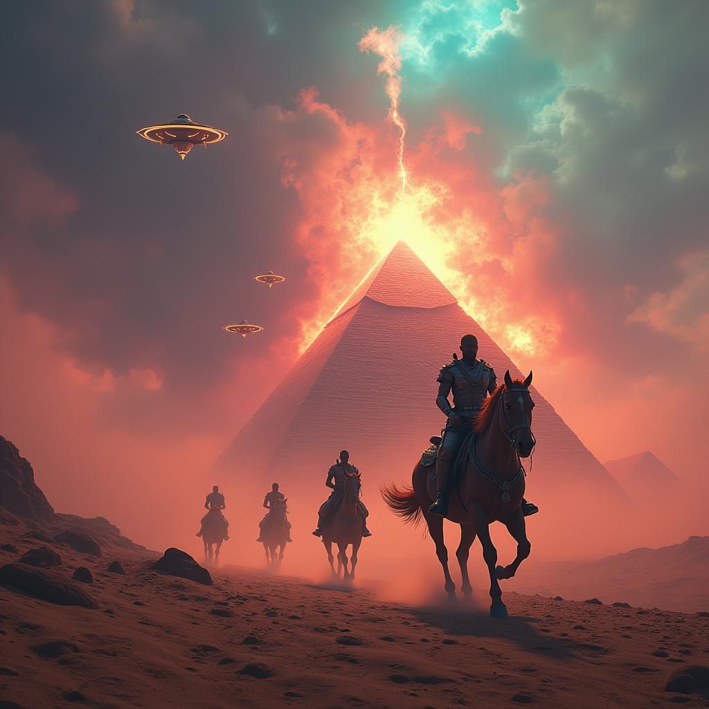 Pyramids Attacked by UFOs in Surreal Landscape