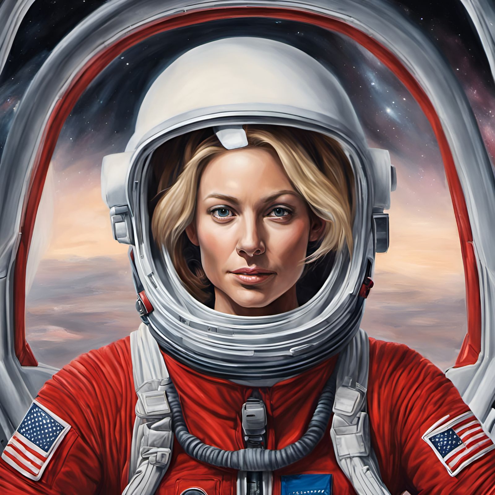 Astronaut Woman in Spaceship: Photorealistic Painting