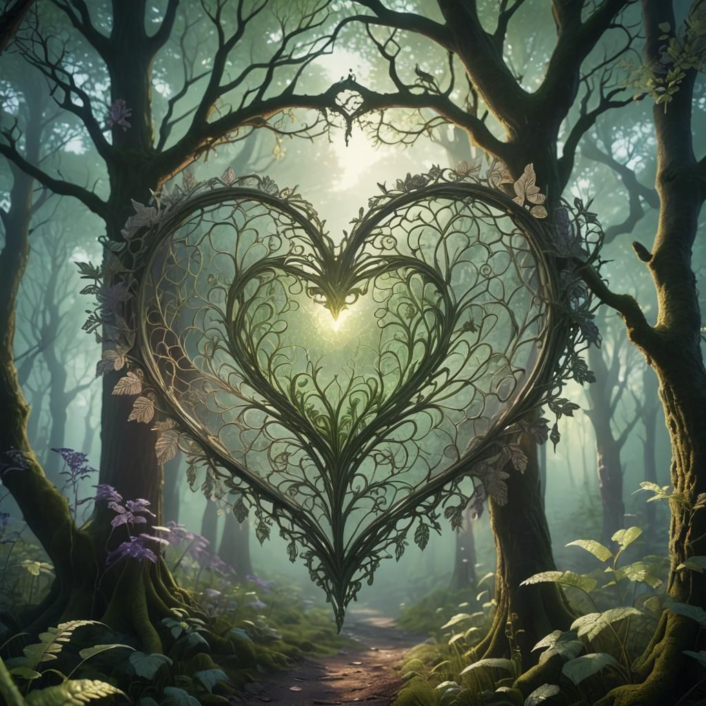 Lace Heart in Misty Forest: Fantasy Matte Painting