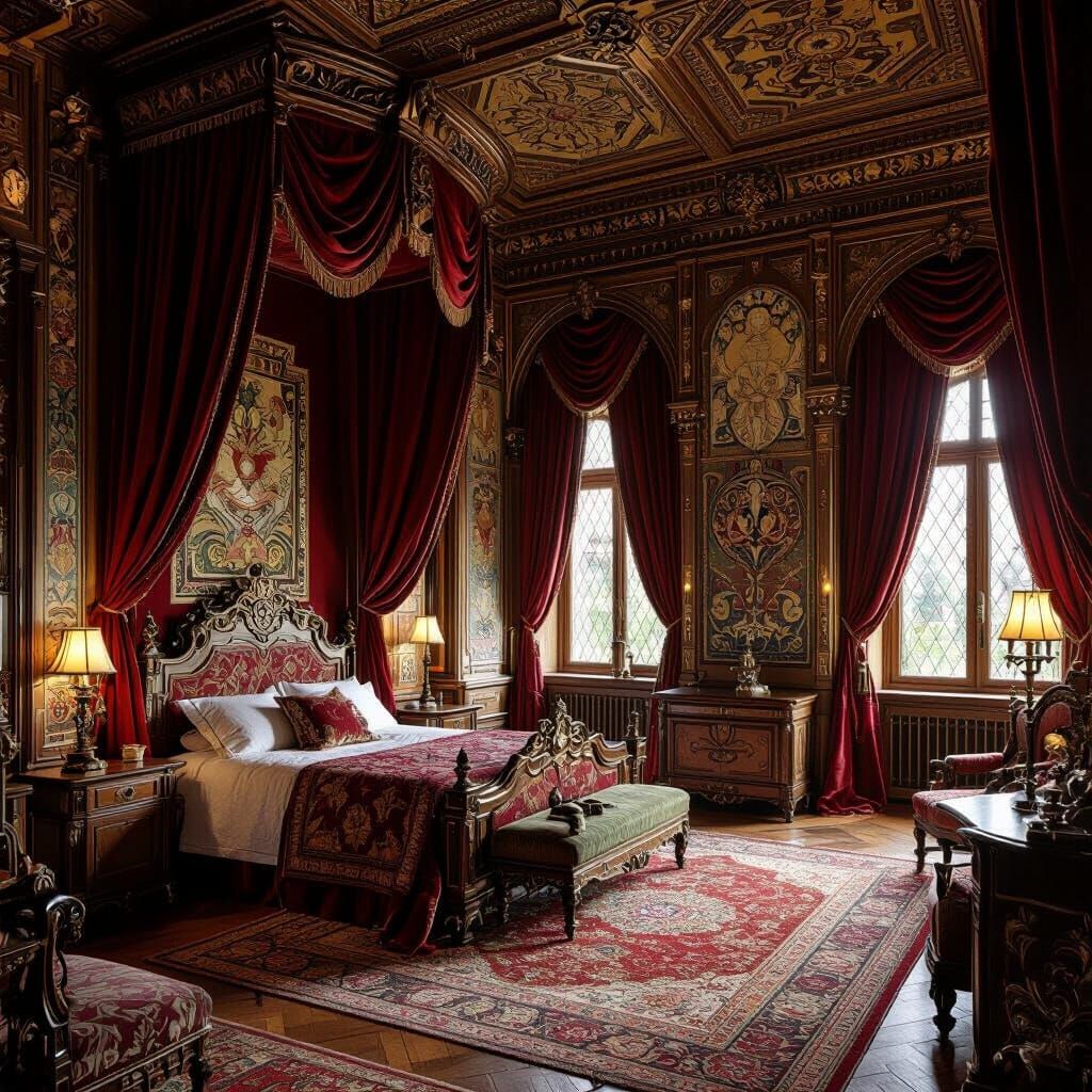 Lavish Medieval Bedroom in Art Nouveau Style