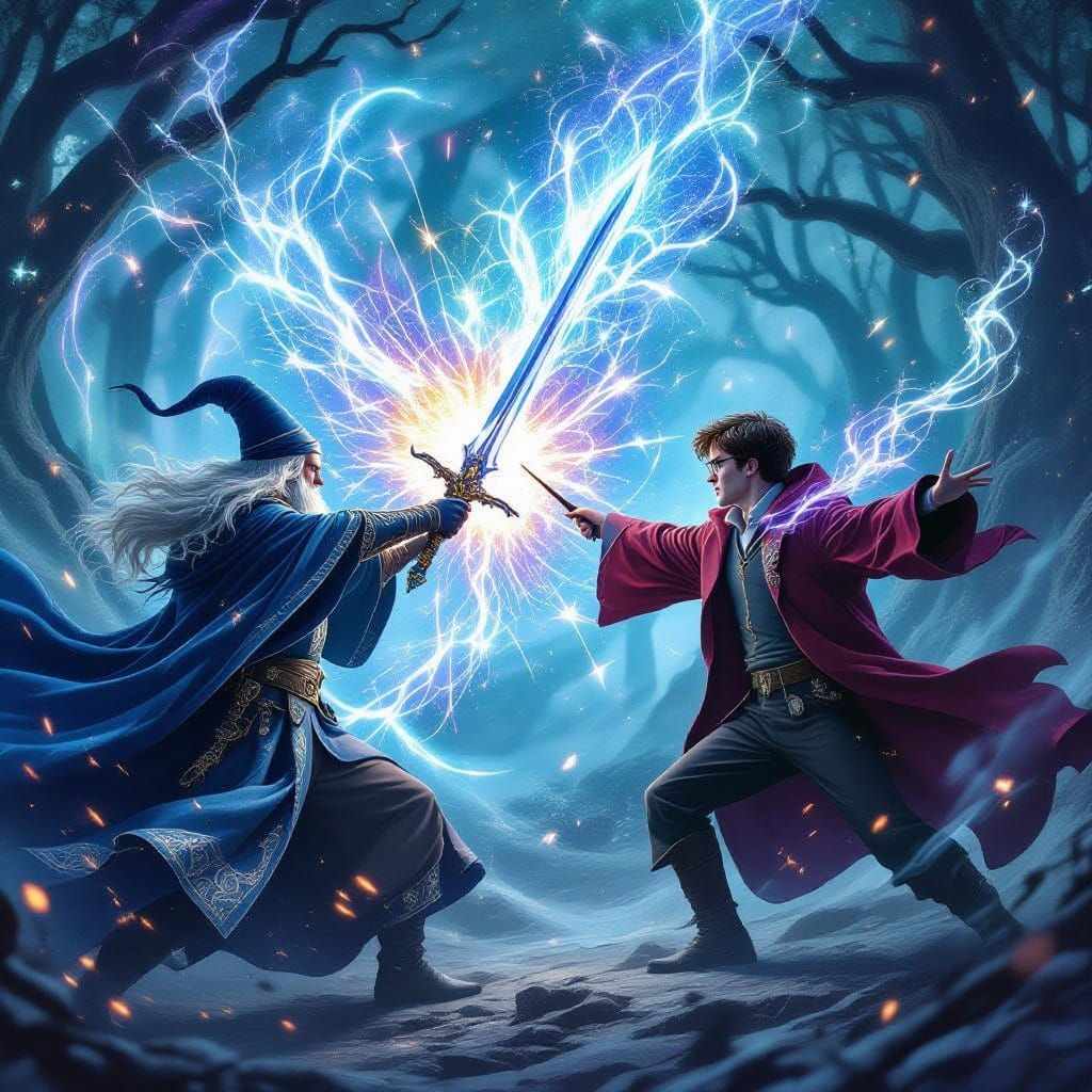 Epic Fantasy Duel Between Merlin and Harry Potter