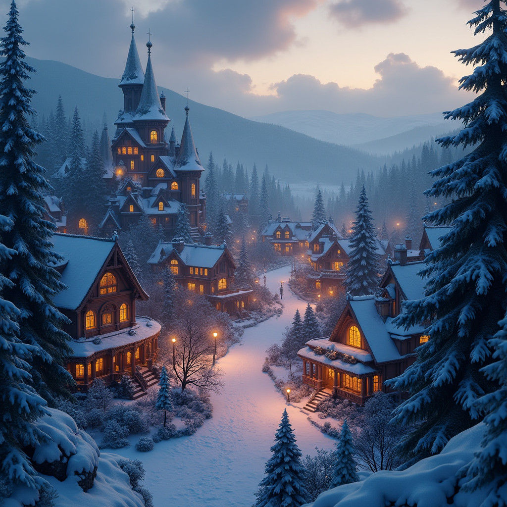 Mystical Christmas Town Unfolds at Dusk in Victoriana Style